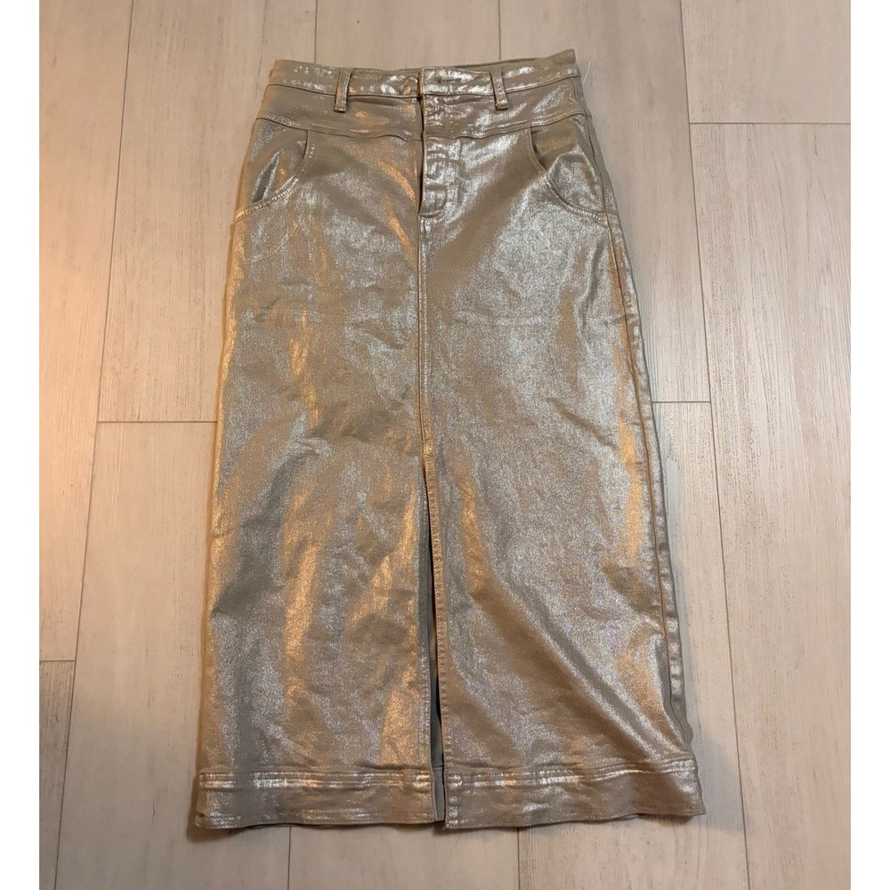 Pilcro Anthropologie Silver Metallic Skirt Sz 6 Structured Column Midi - Picture 3 of 9